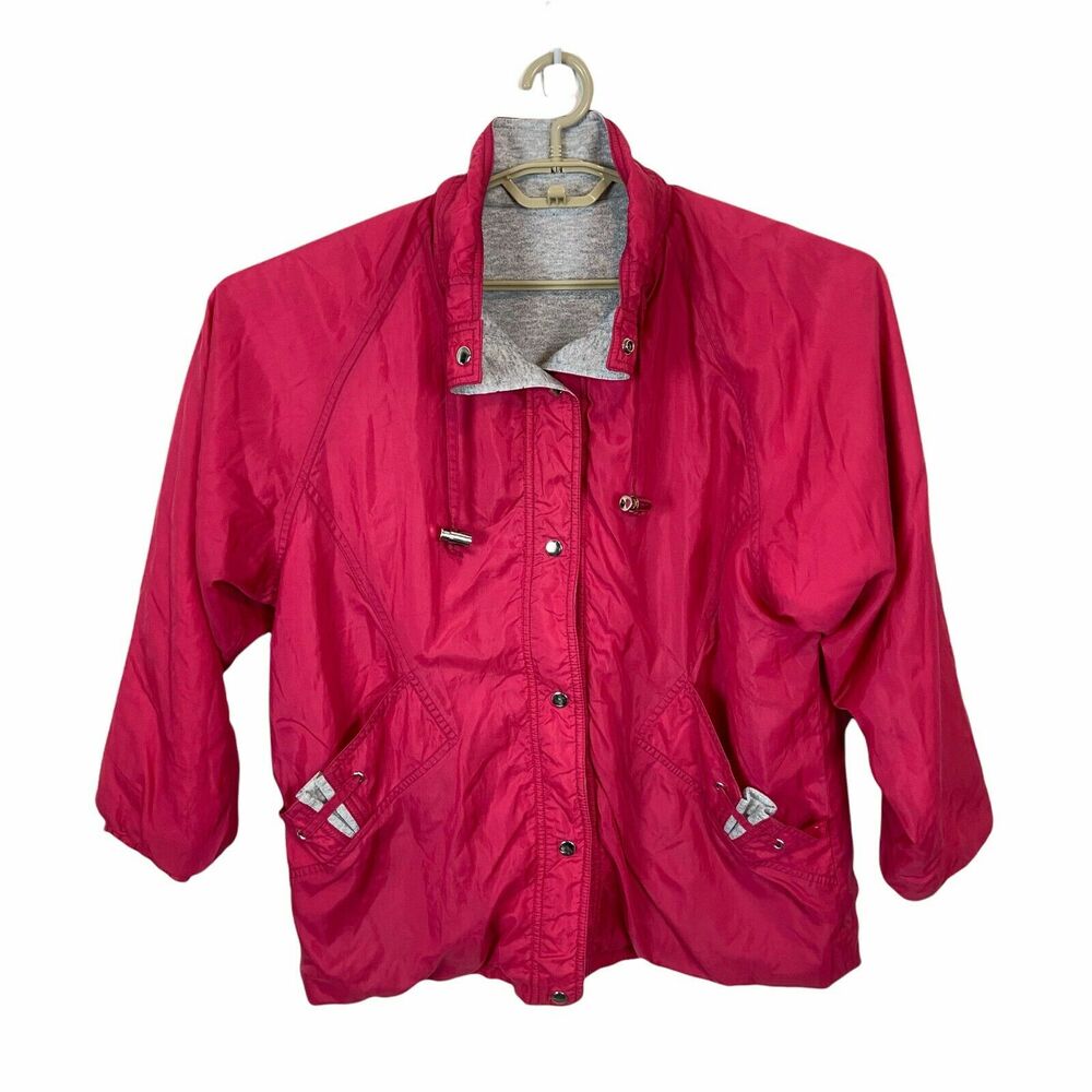 Windbreaker Jacket size L/XL Retro Women's Pink Gray Long Sleeve Snap Reversible